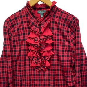 Lauren Ralph Lauren Red Black Plaid Ruffle Top XL Long Sleeve Cotton